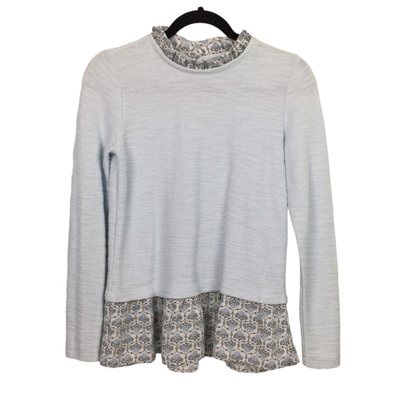 Loft Blue Ruffled Collar Round Neck Lightweight Long Sleeve Knit Top XXSP - Picture 1 of 10